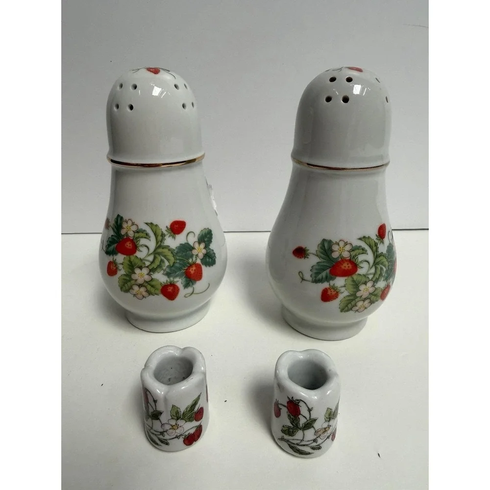 Vintage Avon Strawberry Sugar Shakers  22K gold Trim‎ + German Toothpick Holders